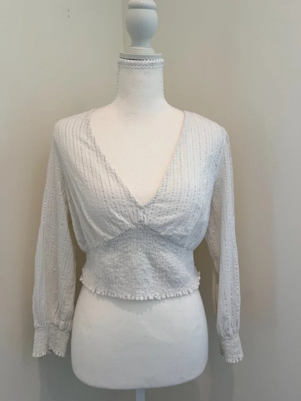 Boden White and Silver Lurex Smocked Crop Top in Size 8